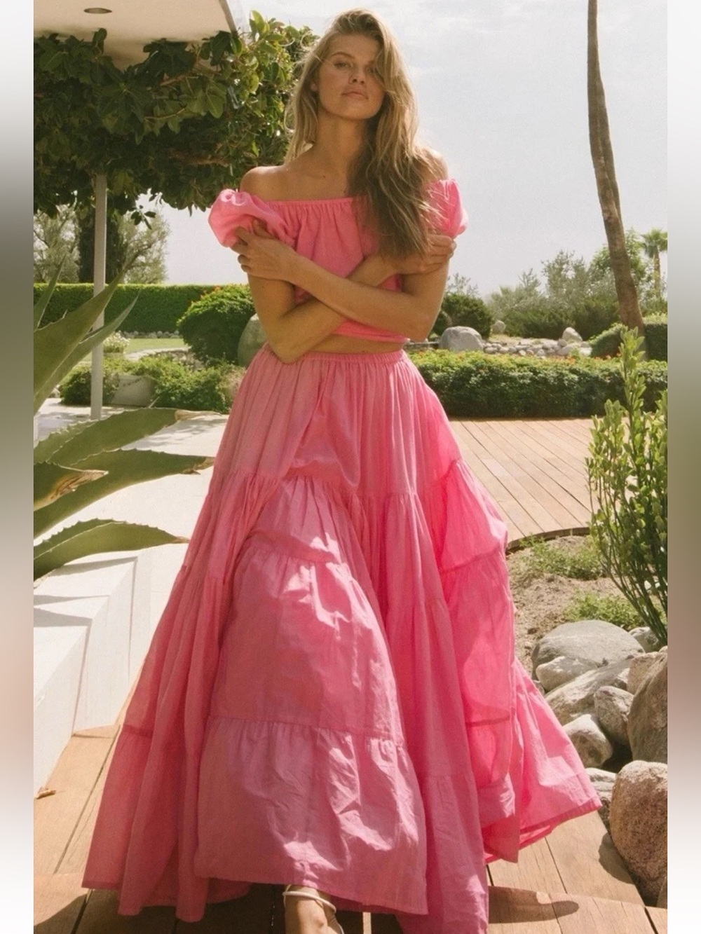 Spell Azalea Pink Tiered Maxi Skirt and Crop Top Set XS - Picture 5 of 14